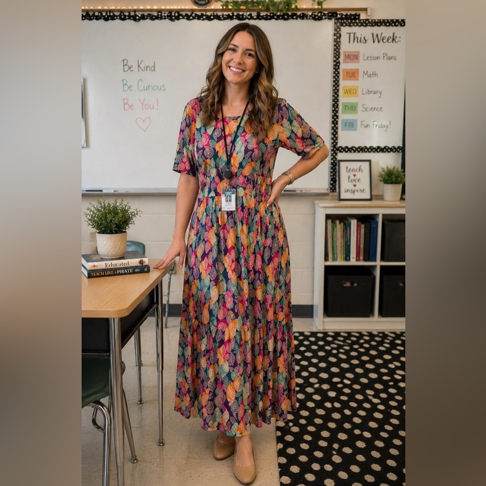 LuLaRoe Maxi Dress with Pink, Teal, Orange and Cream Paisley
